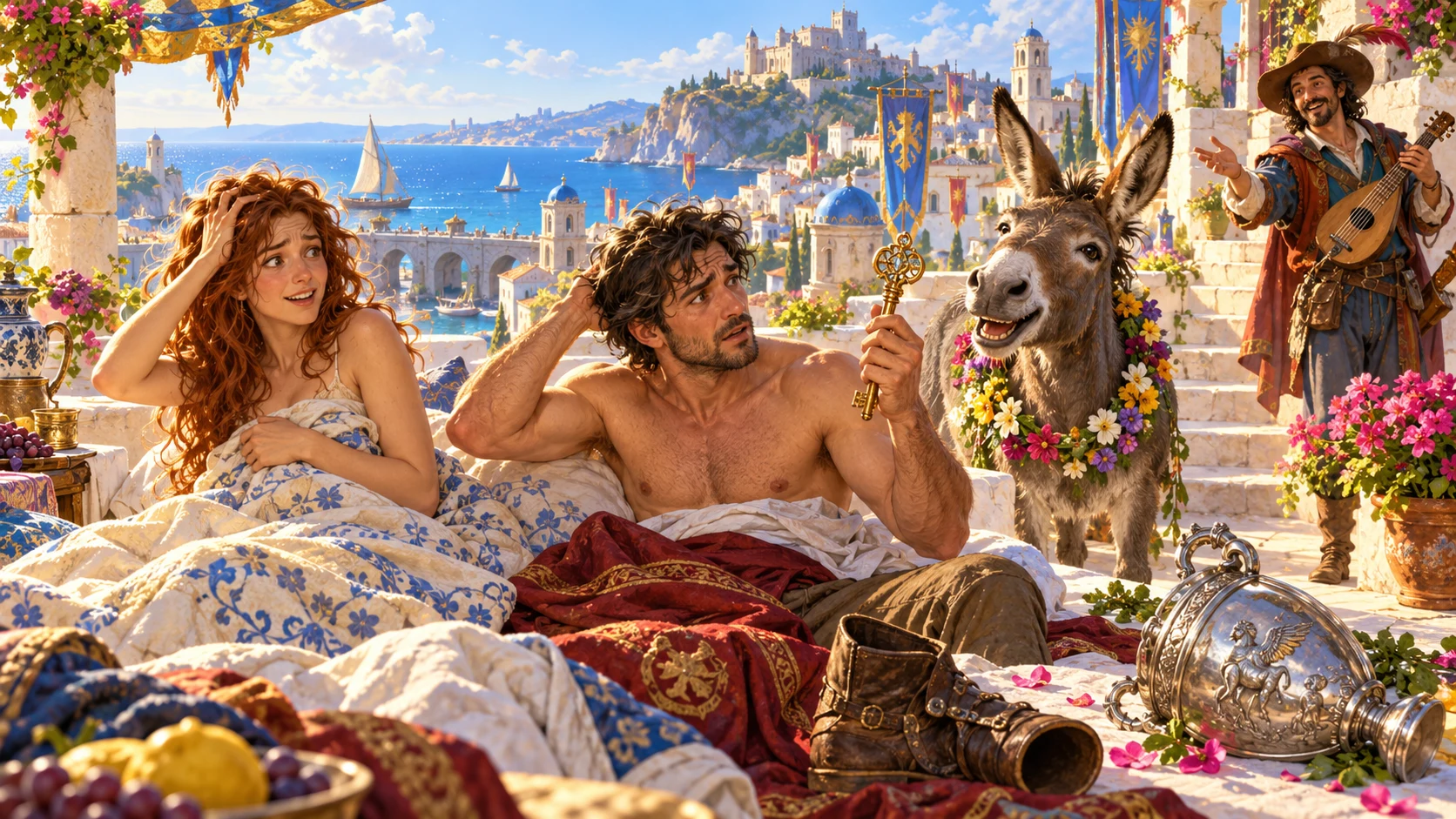 Two fantasy adventurers wake on a flower-covered terrace beside unexpected belongings, a donkey and a musician overlooking a bright coastal town.