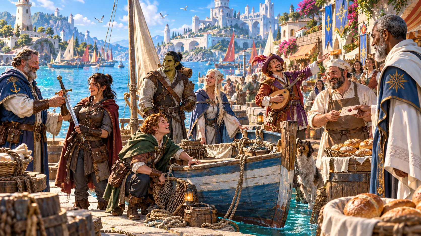 Fantasy adventurers examine unexpected possessions and clues beside a boat while preparing what to do next.